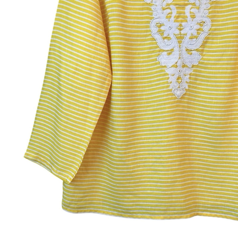 Talbots M Linen Top Yellow White Stripe V Notch Embroidery Beaded Coastal Beach - Picture 5 of 13